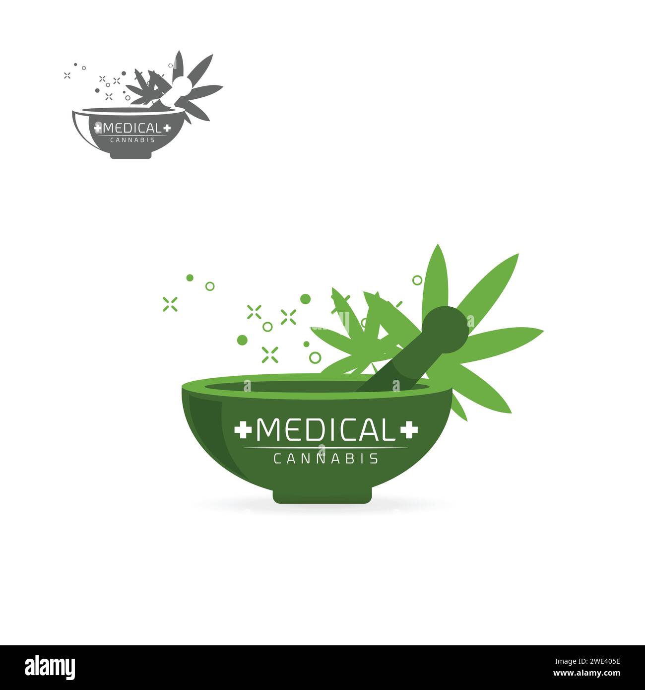 Medical cannabis in green grinder  emblems, label, logo set on white background vector illustration template Stock Vector