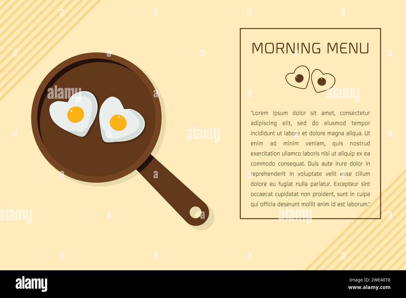 Minimal flat design morning menu with couple egg in heart shape on the pan  on yellow background Vector illustration. Stock Vector