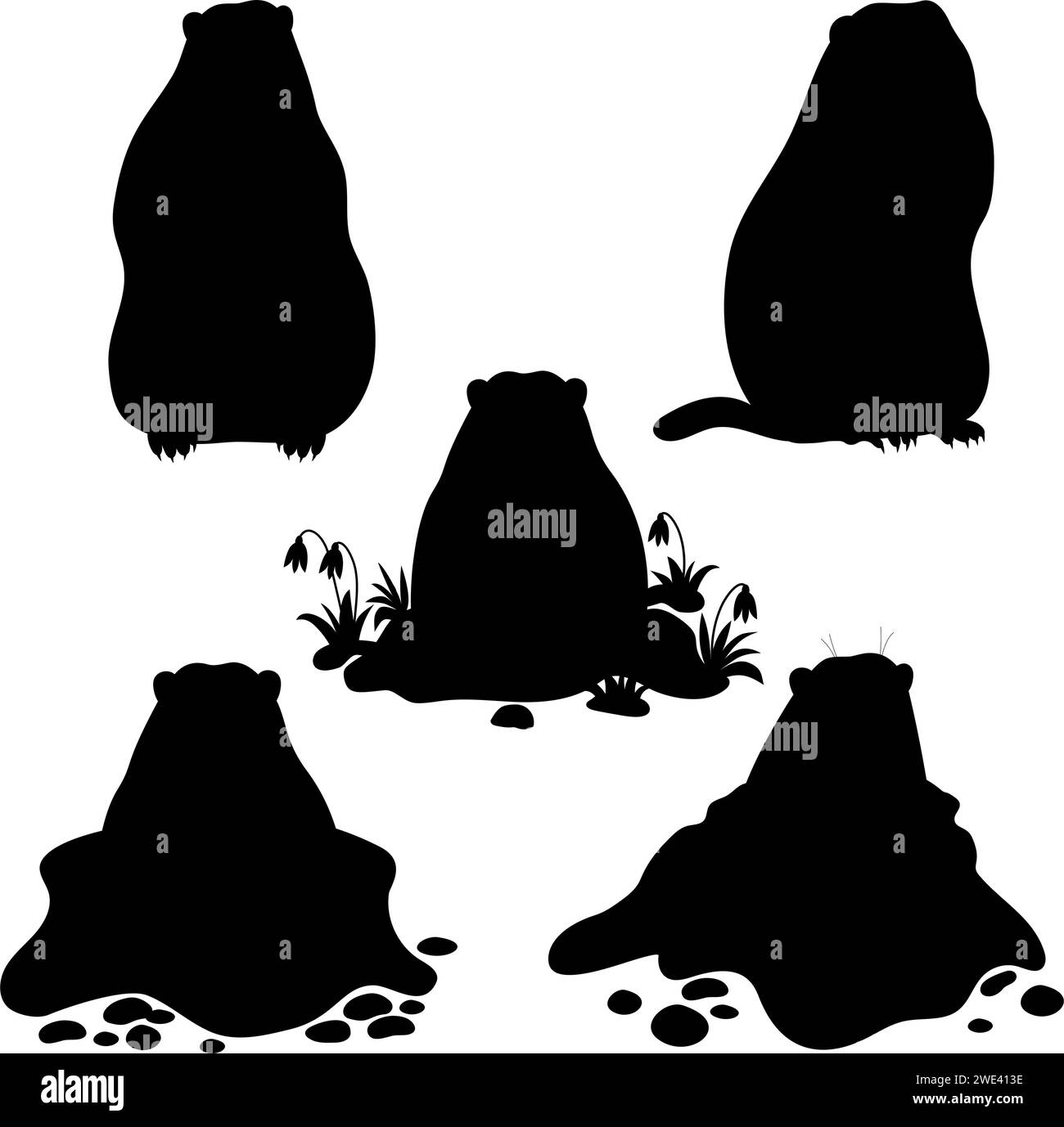 Animal marmot collection. Silhouette rodent groundhog. Isolated black hand drawn. Holiday Groundhog Day February 2. Vector illustration Stock Vector