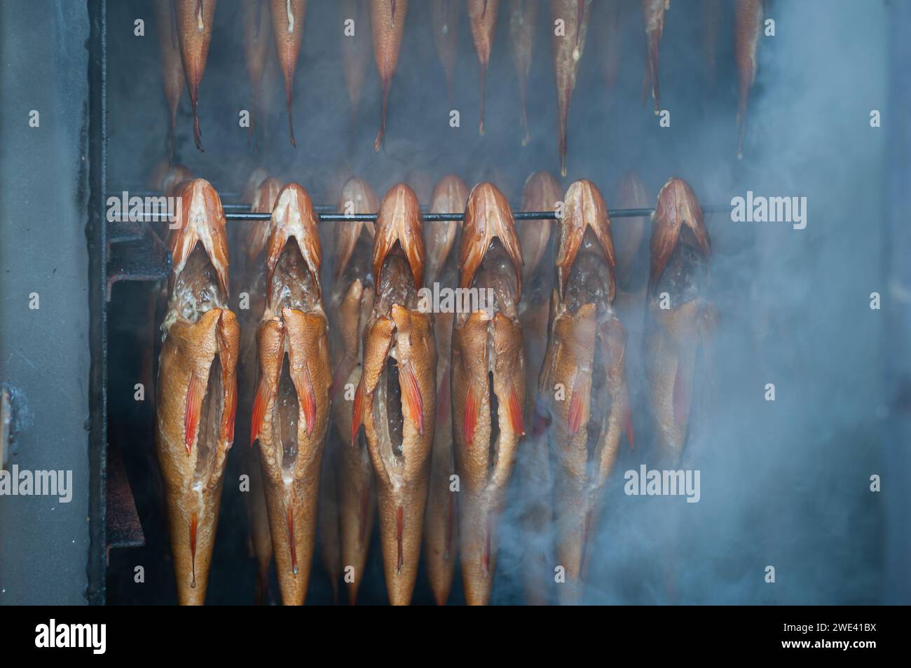 Food background. An smokehaus with smoked fish on the island Hiiumaa. Stock Photo