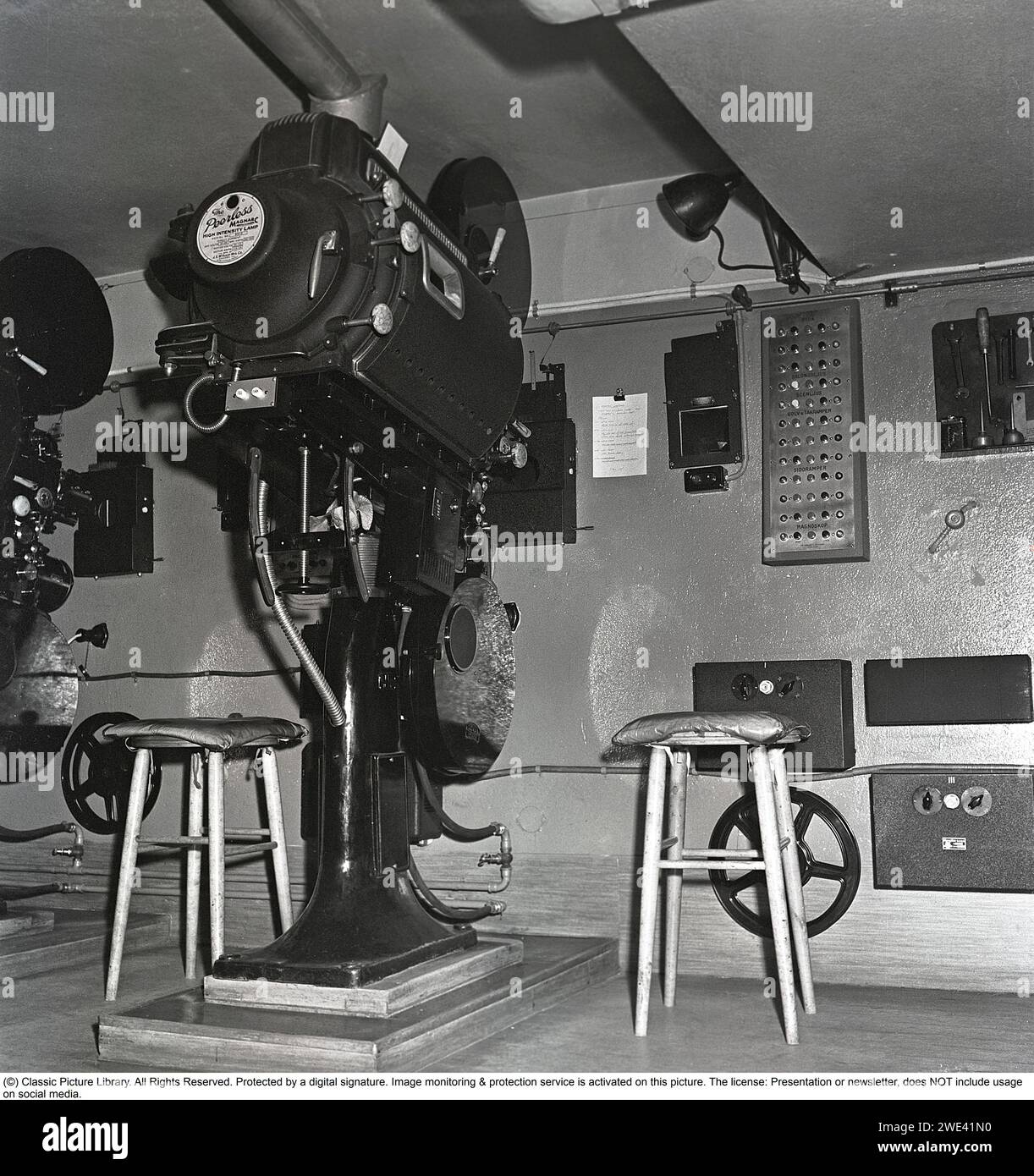 Behind the scenes at the movie theatre. Cinema in the 1940s. The projector room at cinema Rigoletto in Stockholm. Two film projectors are used. Since feature films did not fit on one roll of film, it was important that the machinist be adept at switching to the next projector with the next roll when the time came. The cinema operator also manages the lighting in the cinema hall. A control panel on the right controls the light in the cinema hall, stage lights etc. and also the curtain. A magnoscope is also operated from here (to enlarge the image in spectacular sequences) 1947 Kristoffersson re Stock Photo