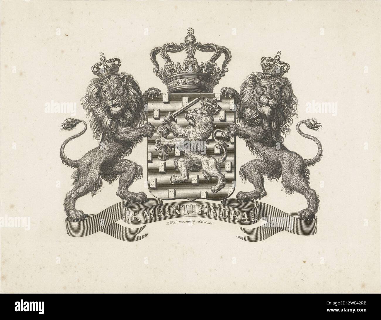 Weapon of the Netherlands with motto: Je Maintiendrai, Henricus Wilhelmus Couwenberg, 1830 - 1845 print  Amsterdam paper etching coat of arms (as symbol of the state, etc.) Stock Photo
