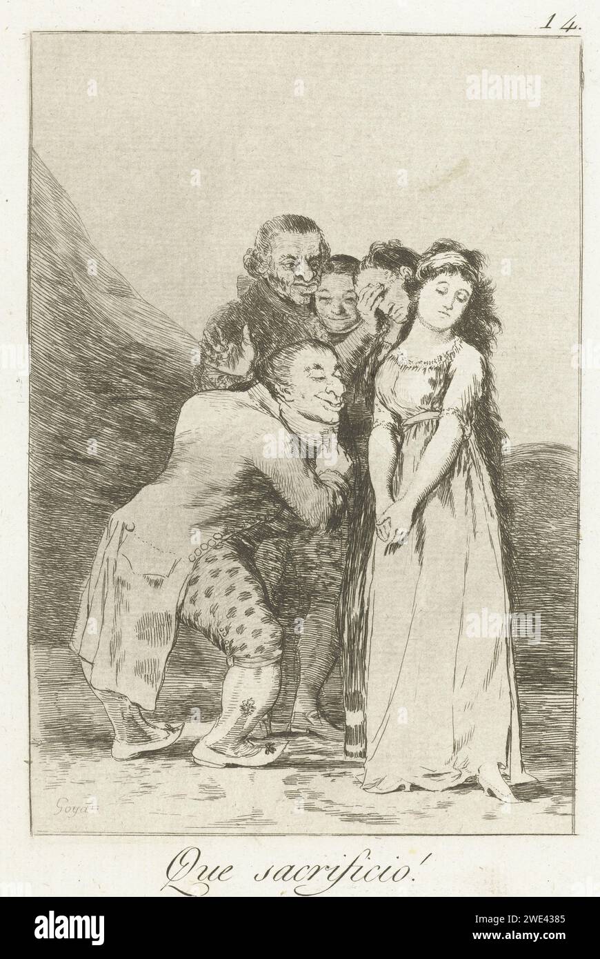 What a sacrifice!, Francisco de Goya, 1797 - 1799 print An ugly man with crooked legs, peeping at his fiancé, a young girl. Behind them are her father and mother and a third person. Fourteenth print from the Los Caprichos series. Spain paper etching / drypoint unequal partners Stock Photo