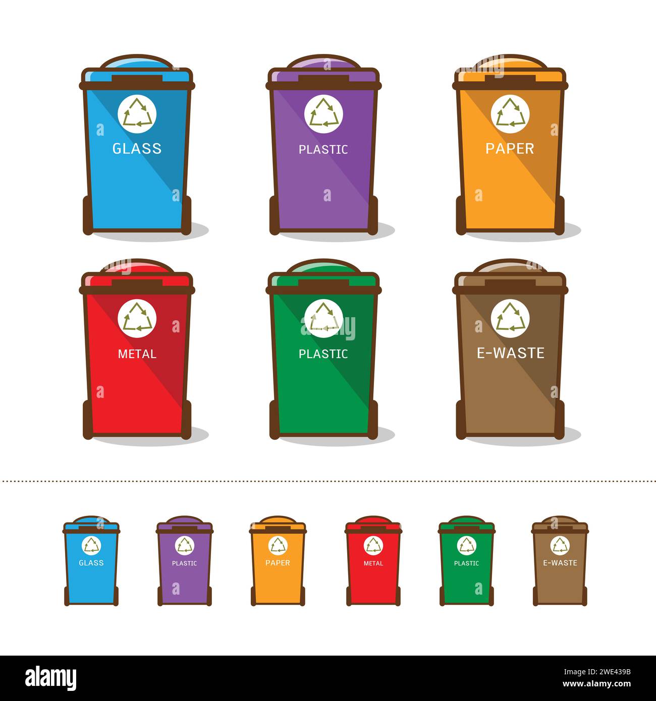 Waste segregation and garbage recycling sorts and categories. Colored recycle bin vector illustrations. Plastic, organic, glass, electronic waste, pap Stock Vector