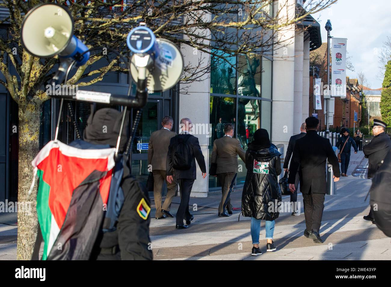 Twickenham, UK. 22nd January, 2024. ProPalestinian activists follow