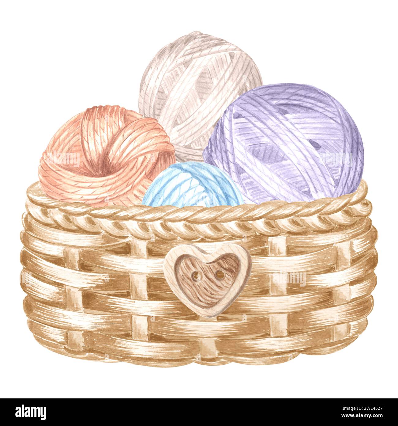 Tangles of colorful yarn and threads in wicker basket. Watercolor ...