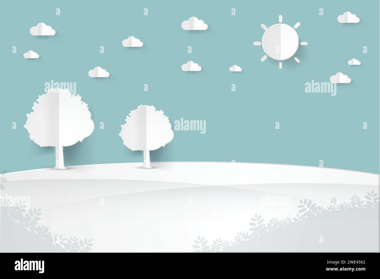 minimalist landscape with tree,hill,sun,cloud landscape background, paper art style vector illustration. Stock Vector