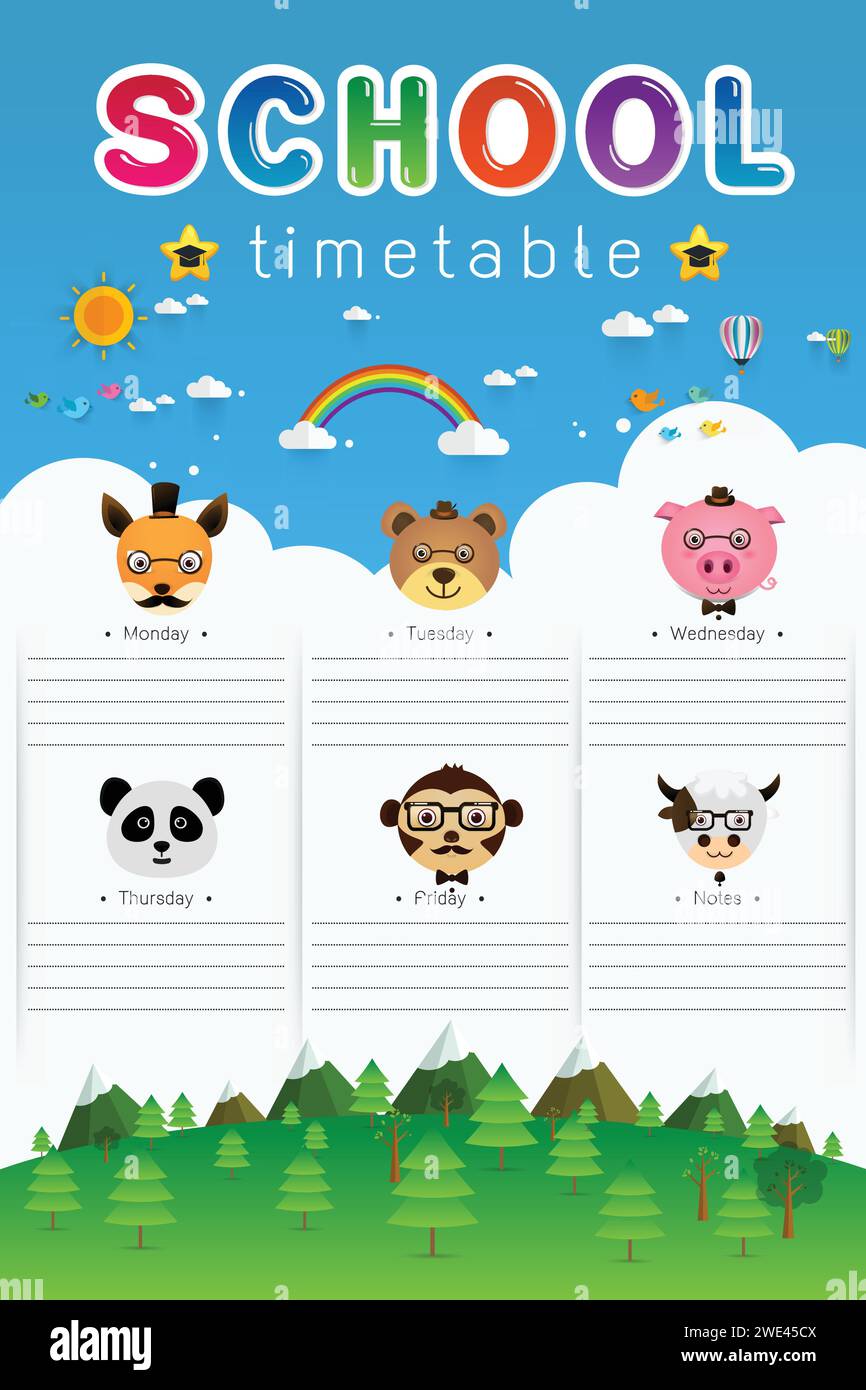 background frame design of School Timetable with animal head, Schedule,Weekly school timetable vector illustration Stock Vector