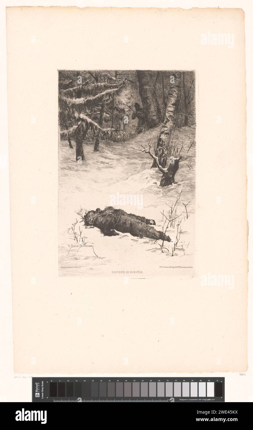 Jager in the snow with shot down, Etienne Prosper Berne-Bellecour, c. 1879 - c. 1882 print  print maker: Francepublisher: Paris paper etching / drypoint hunt  mammals. beasts of prey, predatory animals: bear. snow. forest, wood Stock Photo