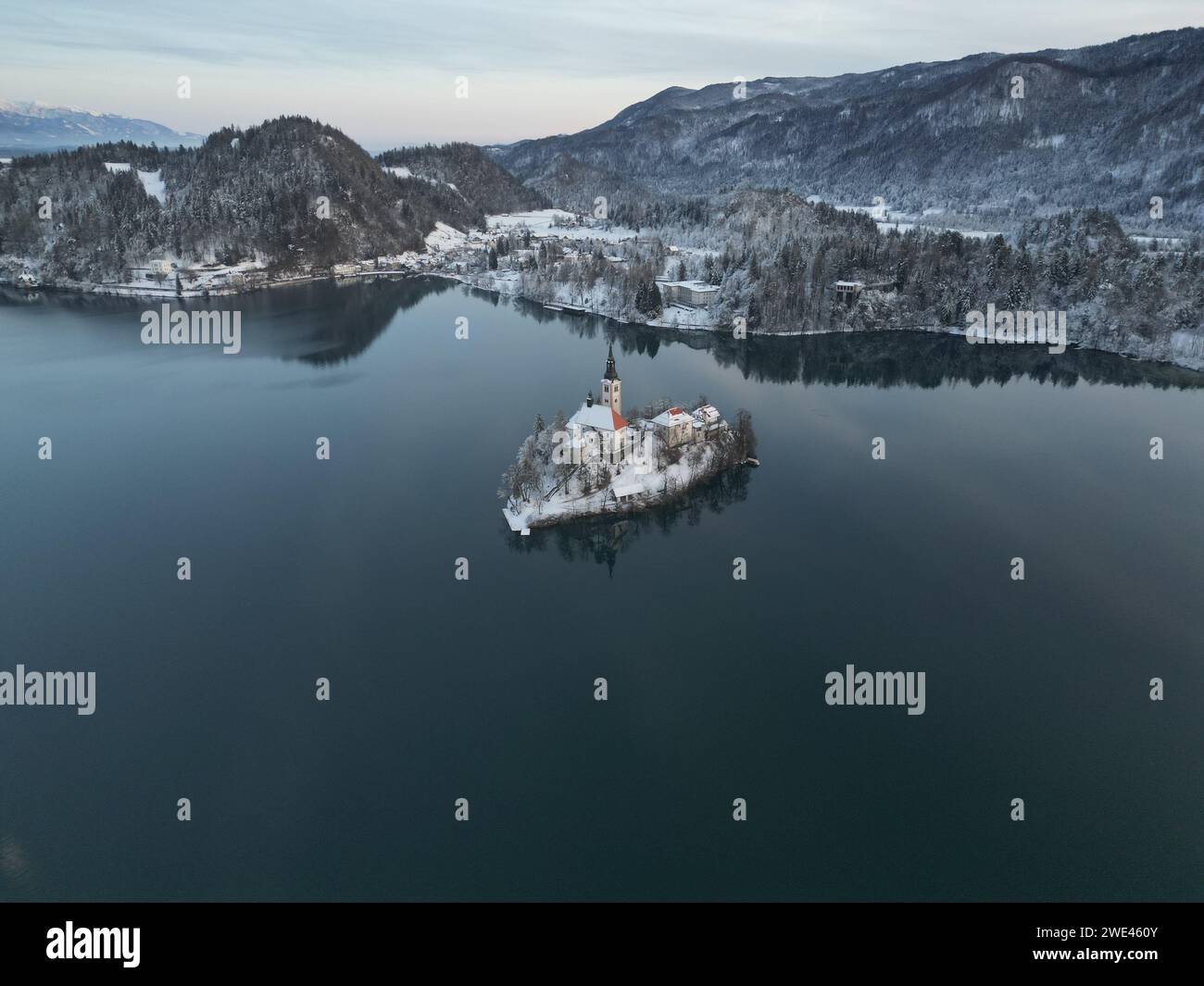 An aerial view of the Church of the Mother of God on the Lake. Bled, Slovenia Stock Photo