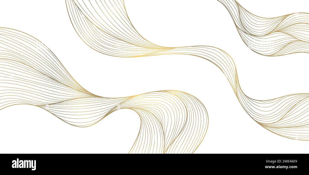 Vector gold line wave background, abstract luxury elegant pattern. Glitter flow japanese style shape, river, sea cover. Stock Vector
