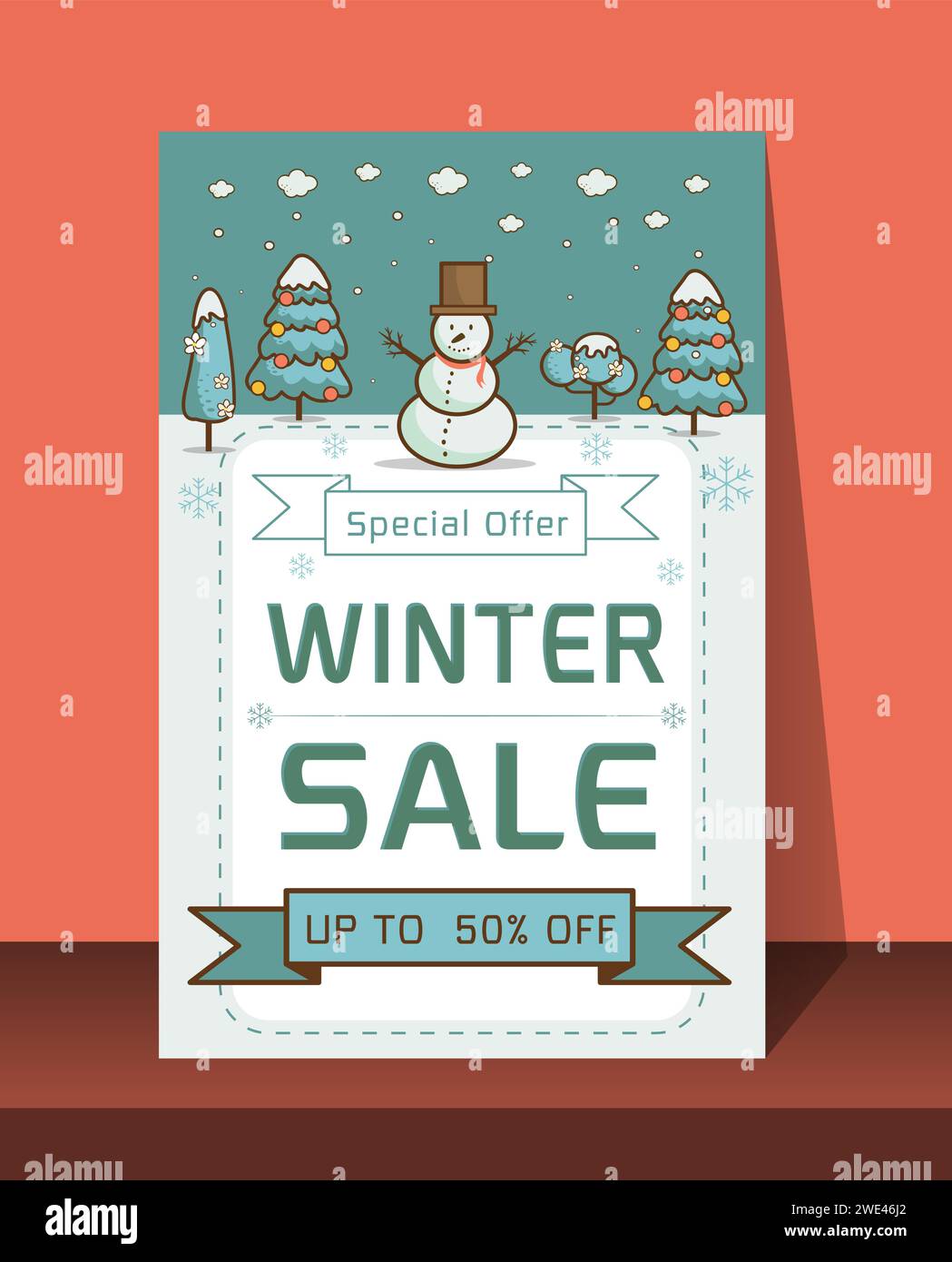 Card Christmas sale discounts. Festive advertising banner with fun New Year characters and symbols.Winter Sale banner. Joyful snowman with the words V Stock Vector