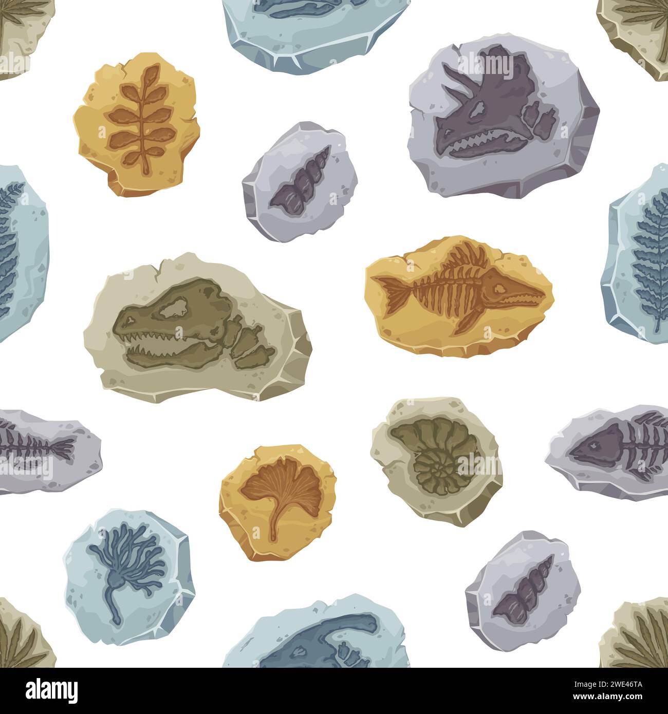 Seamless pattern of dinosaur fossil, ancient fish skeleton and stone