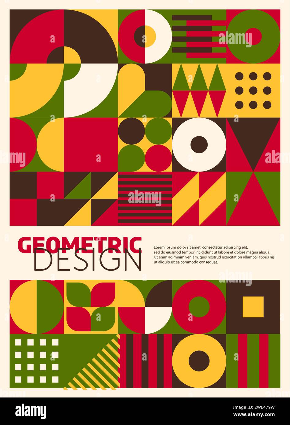 Modern abstract poster with geometric bauhaus pattern in red, green, yellow, brown and white palette. Vector avant-garde composition with bold shapes and elements create a visually compelling design Stock Vector