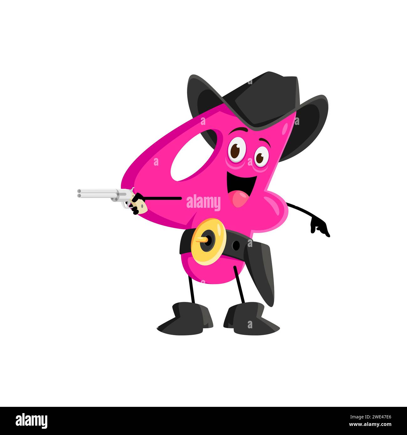 Cartoon math number four cowboy and ranger, sheriff, robber and bandit character. Isolated vector 4 personage wears ten-gallon hat and toting a revolver, calculates equations with a wild-west flair Stock Vector