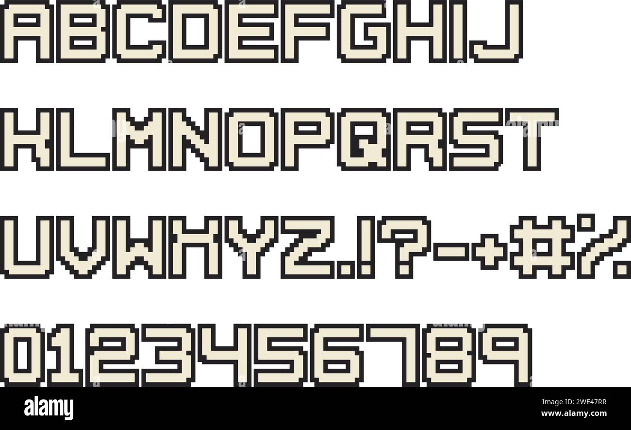Pixel font. Video arcade computer game design 8 bit letters and numbers. 90s retro style vector alphabet Stock Vector