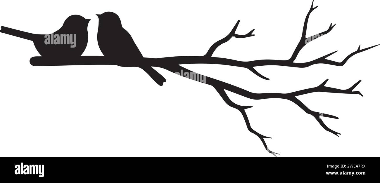 Birds couple silhouette on branch, vector. Birds in love silhouette