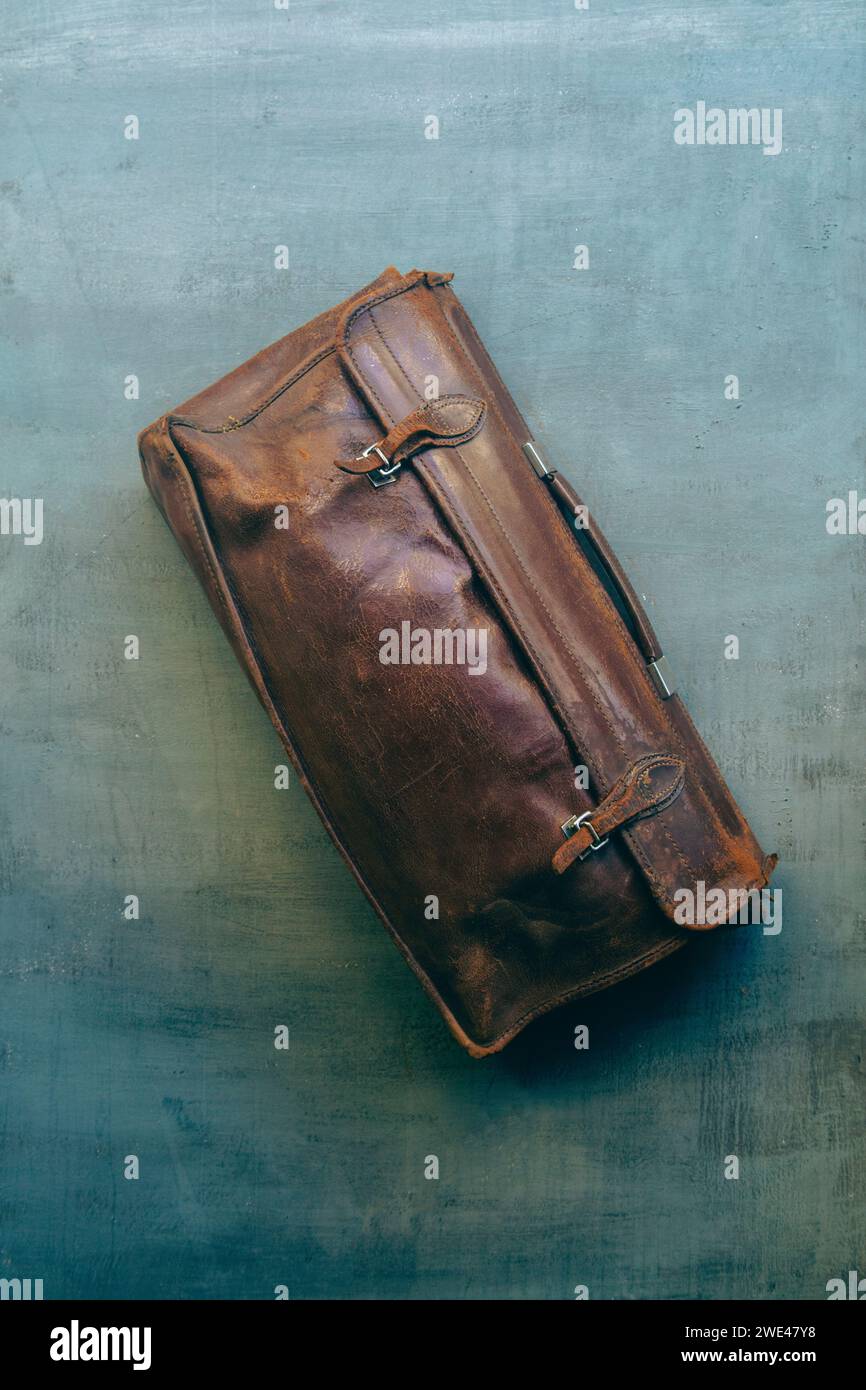 Old brown leather briefcase Stock Photo