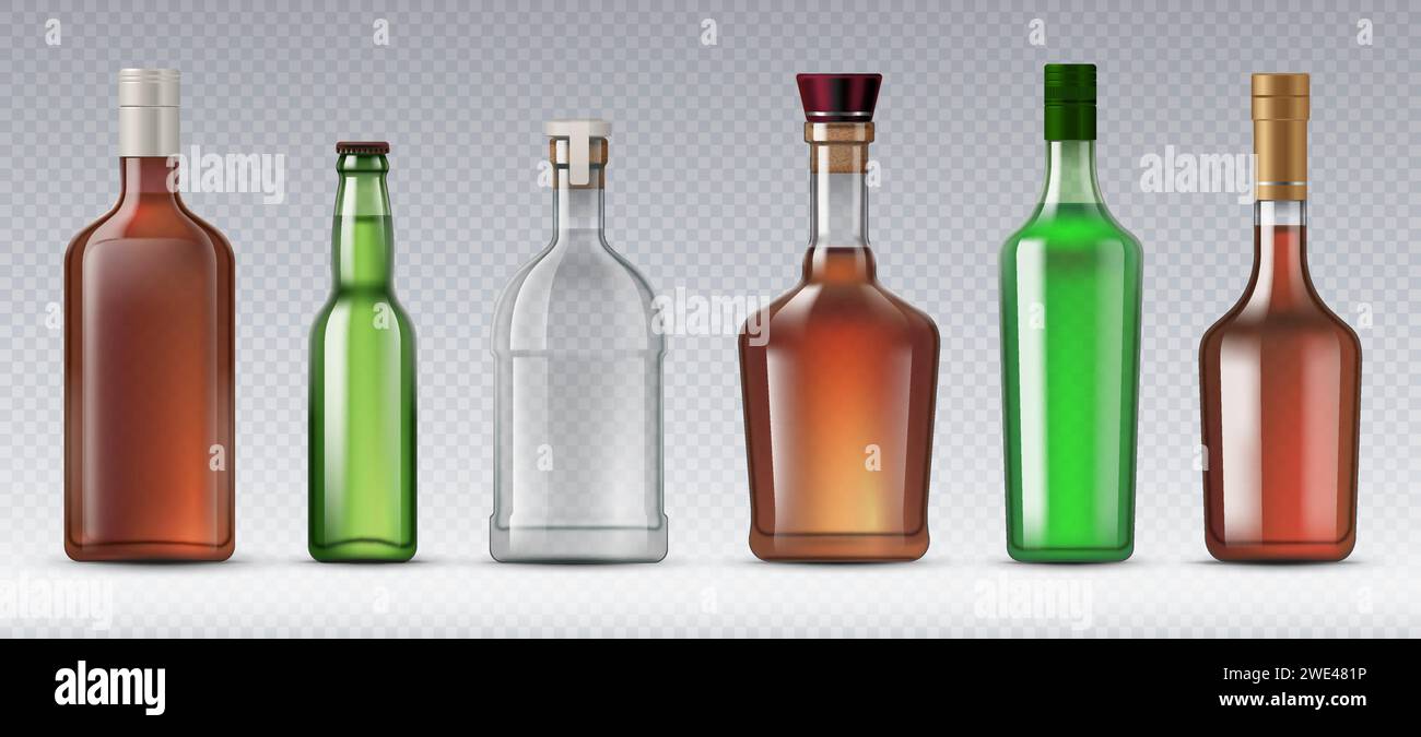 Realistic alcohol glass bottles. Scotch and beer, gin and bourbon, absinthe, brandy bottles. Vector containers designed to store and transport alcoholic beverages, preserving their quality and flavor Stock Vector