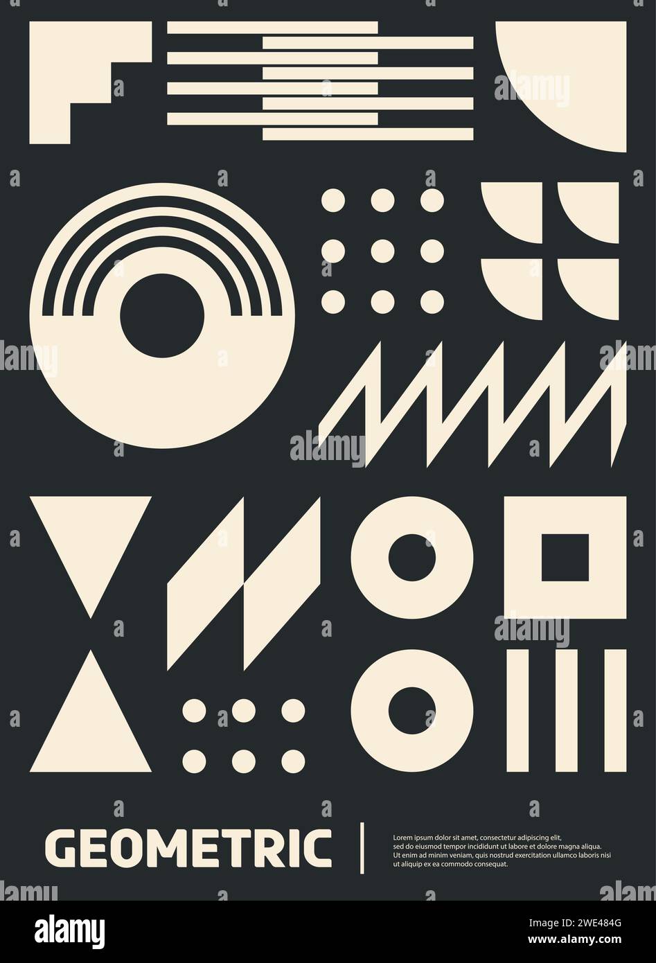 Monochrome modern abstract poster with geometric Bauhaus pattern. Vector black and white cover template or background, creating a dynamic visual harmony that captures minimalist avant-garde aesthetics Stock Vector