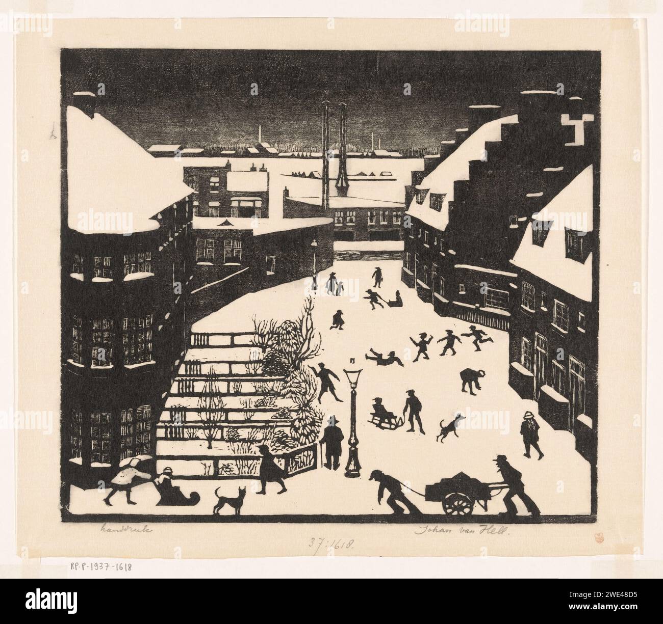 Snowy city, Johan van Hell, 1904 - 1937 print Children and dogs playing ...