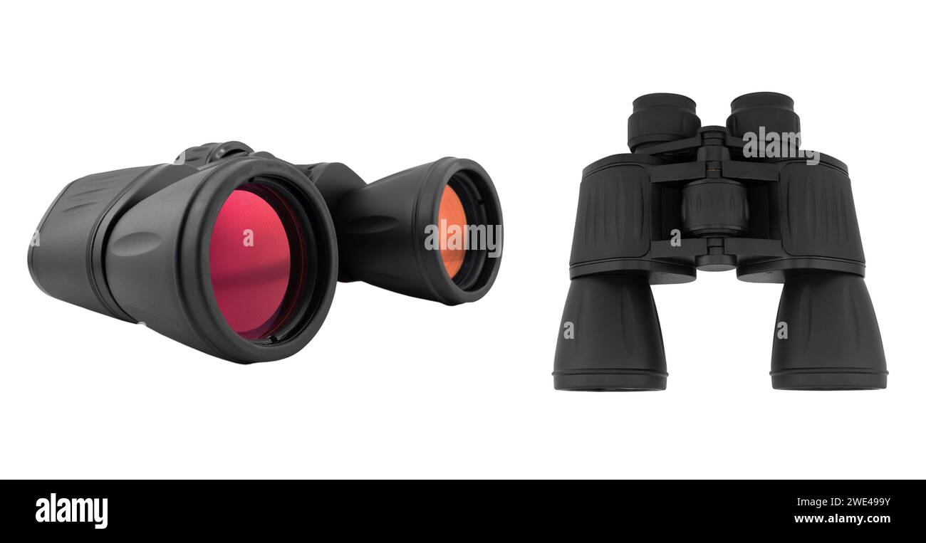 Black modern binoculars isolated on white background. Stock Photo