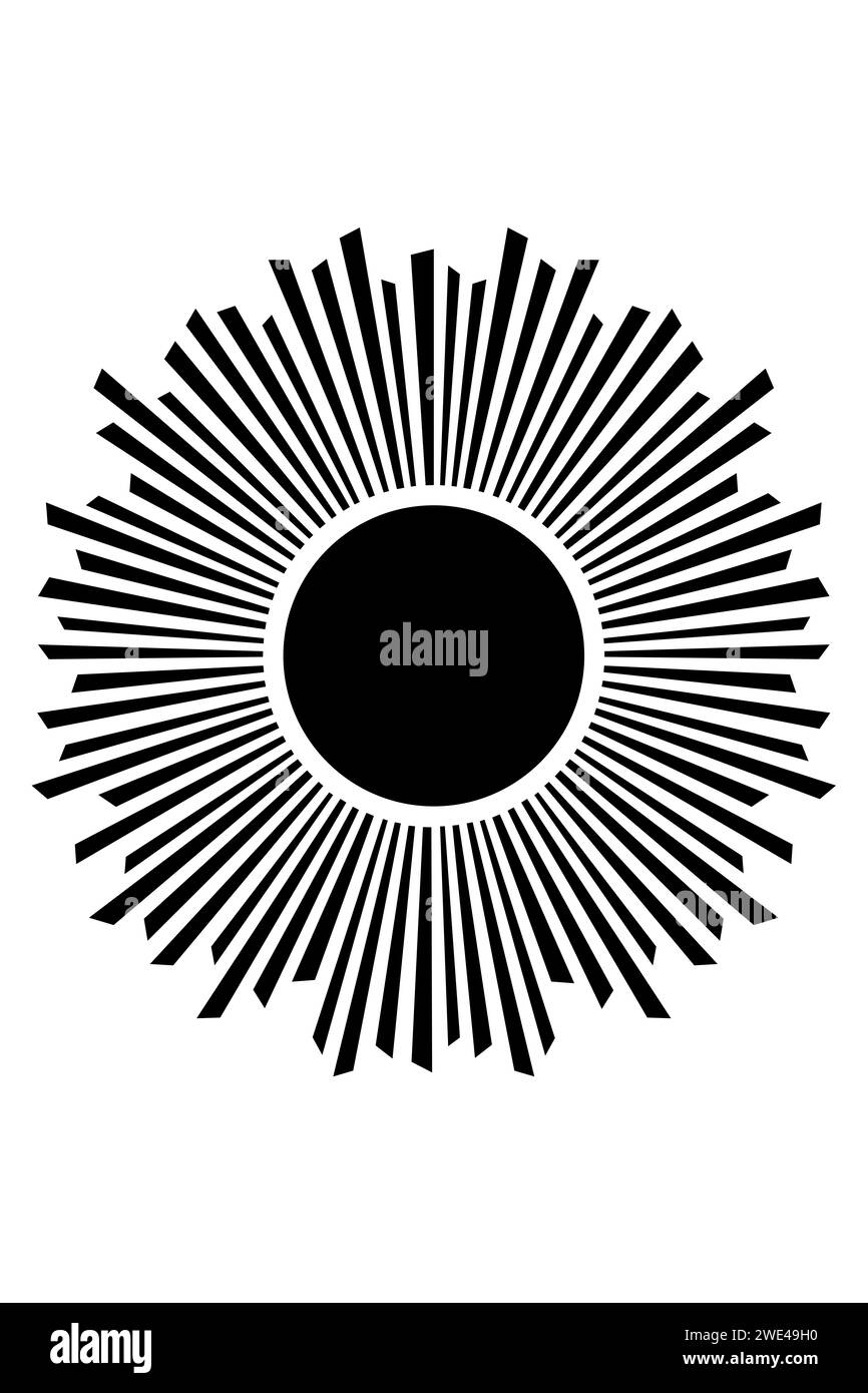 Boho sun black and white flat lay illustration, abstract sun minimalist printable artwork. Stock Photo