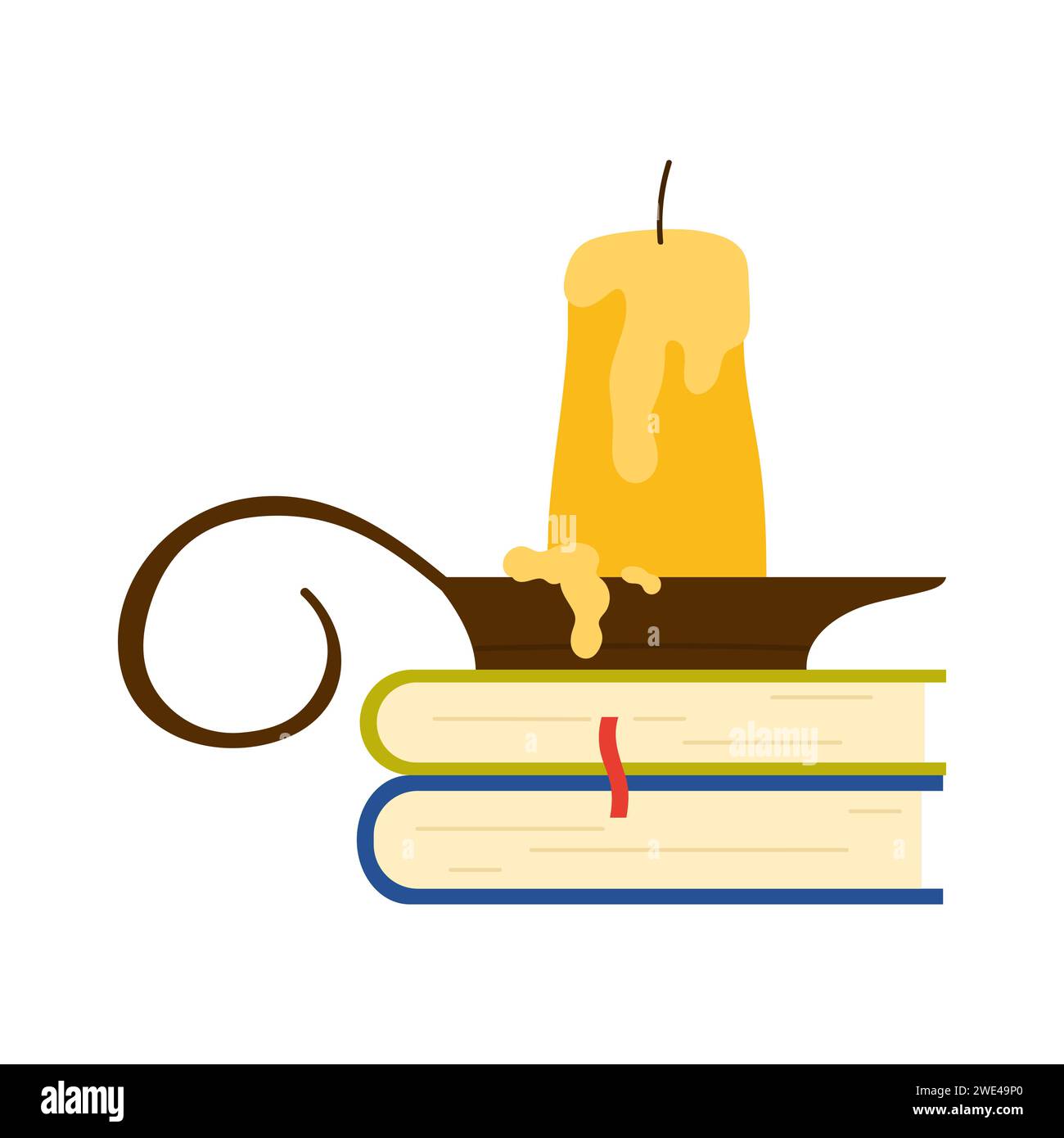 Magic spell books with candle. Witchcraft tools, wizard accessories cartoon vector illustration Stock Vector