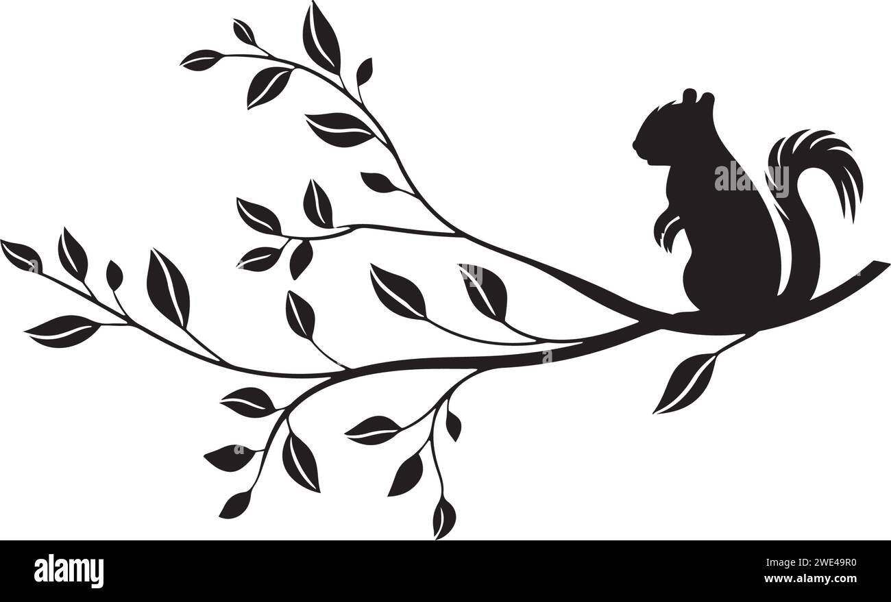 Squirrel silhouette with branch isolated on white background, vector