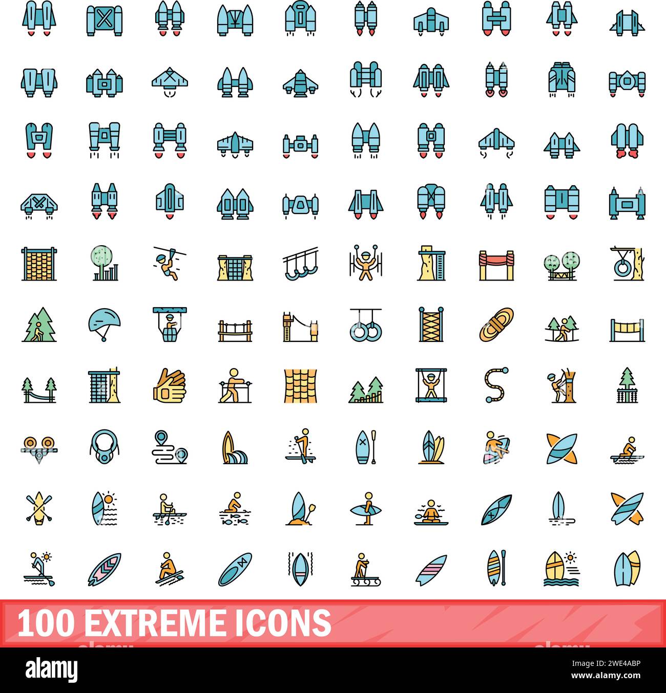 100 extreme icons set. Color line set of extreme vector icons thin line color flat on white Stock Vector