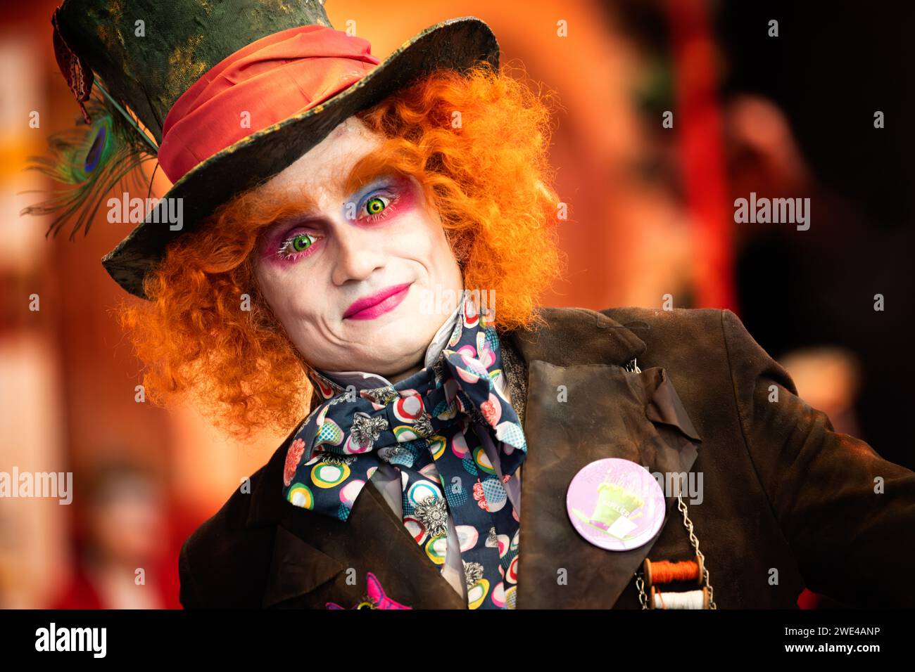 January 07 2024 Chassieux Eurexpo Auvergne Rhone Alpes France : Cosplay festival near Lyon in a free space. a man portrays the Mad Hatter from Alice i Stock Photo