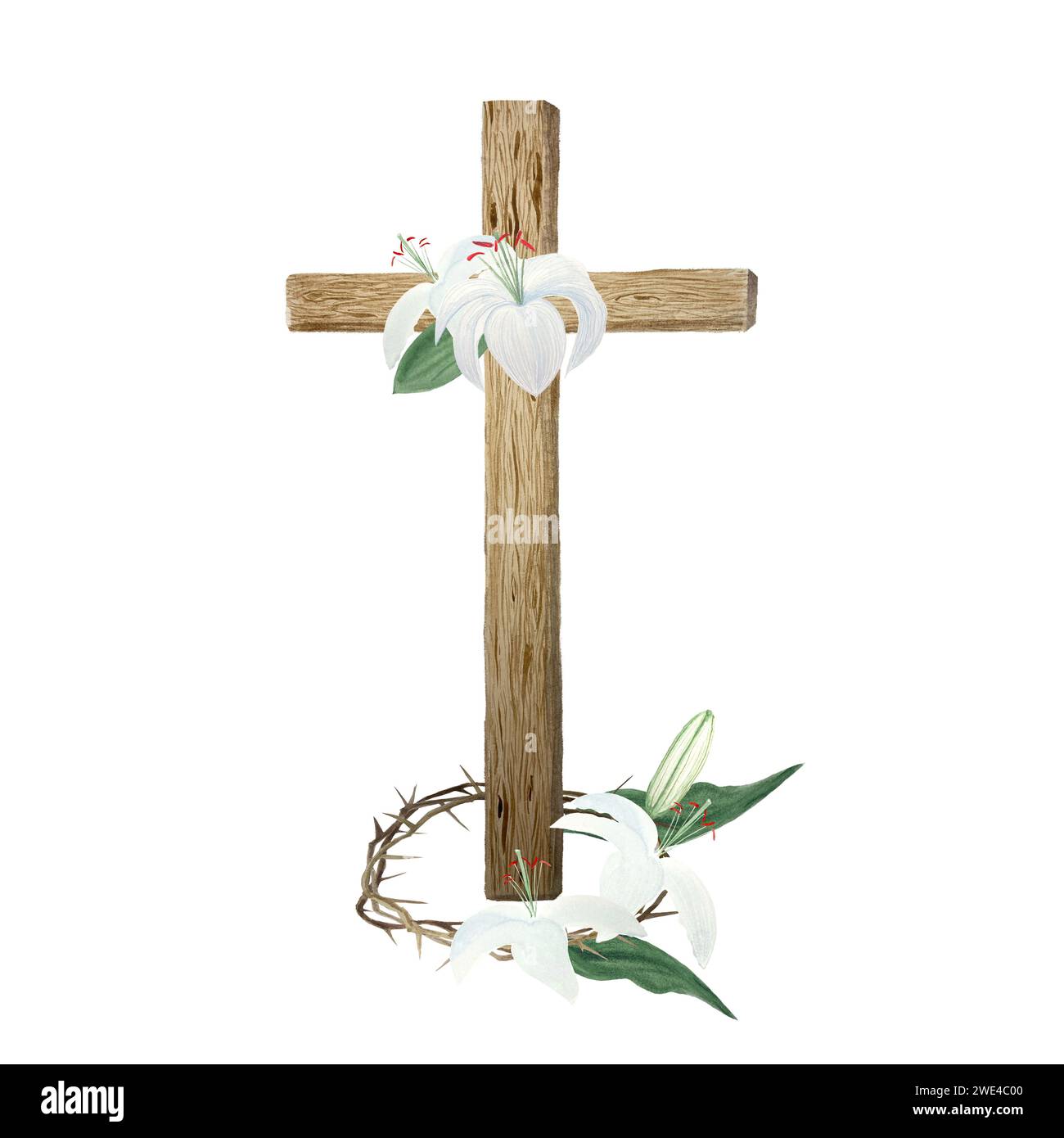 Watercolor wooden cross crown of thorns and lilies for Easter, holy Thursday, religious illustration isolated on white Stock Photo