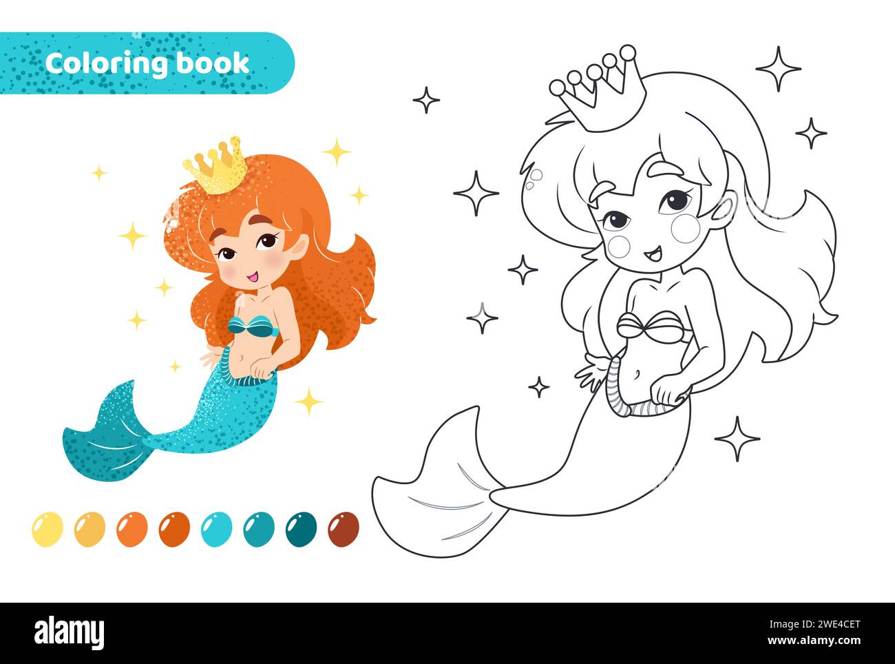 Coloring book for kids. Cute mermaid with crown. Stock Vector