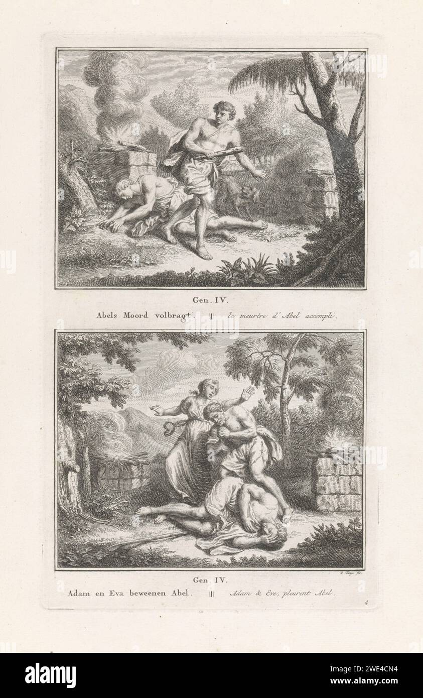 Cain flee after the murder of Abel / Adam and Eva, Abel, Pieter Tanjé, 1791 print Two biblical performances. Upstairs: Cain, with the bat in his hand, flight away after he killed his brother Abel. Below: Adam and Eva their son Abel. Among the performances a reference to the Bible texts and the titles in Dutch and French. Amsterdam paper etching / engraving Abel's death. Adam and Eve discover the dead body of Abel and grieve over it Stock Photo