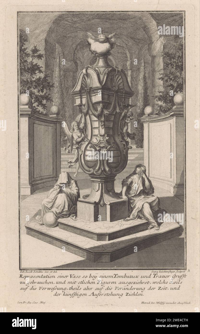 Garden vase with sitting figures, Georg Lichtensteger, after Johann Jakob Schübler, in or after 1724 print An ornamented garden vase with a putto with a palm branch and an angel with trumpet. On the right is a woman, she looks up at the angel. On the left is a veiled figure with a foot on a globe. In the background a landscape with trees and arches. In the lower margin a four -line German text. Augsburg paper etching / engraving garden vase. angels. cupids: 'amores', 'amoretti', 'putti'. covering the head, drawing drapery over the face. arch, archivolt  architecture Stock Photo