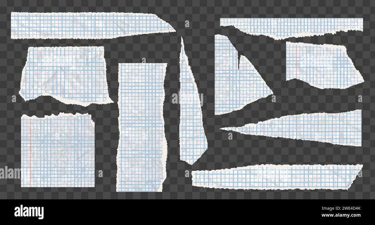 Torn ripped notebook papers, Cut sheets with square grid, cutout