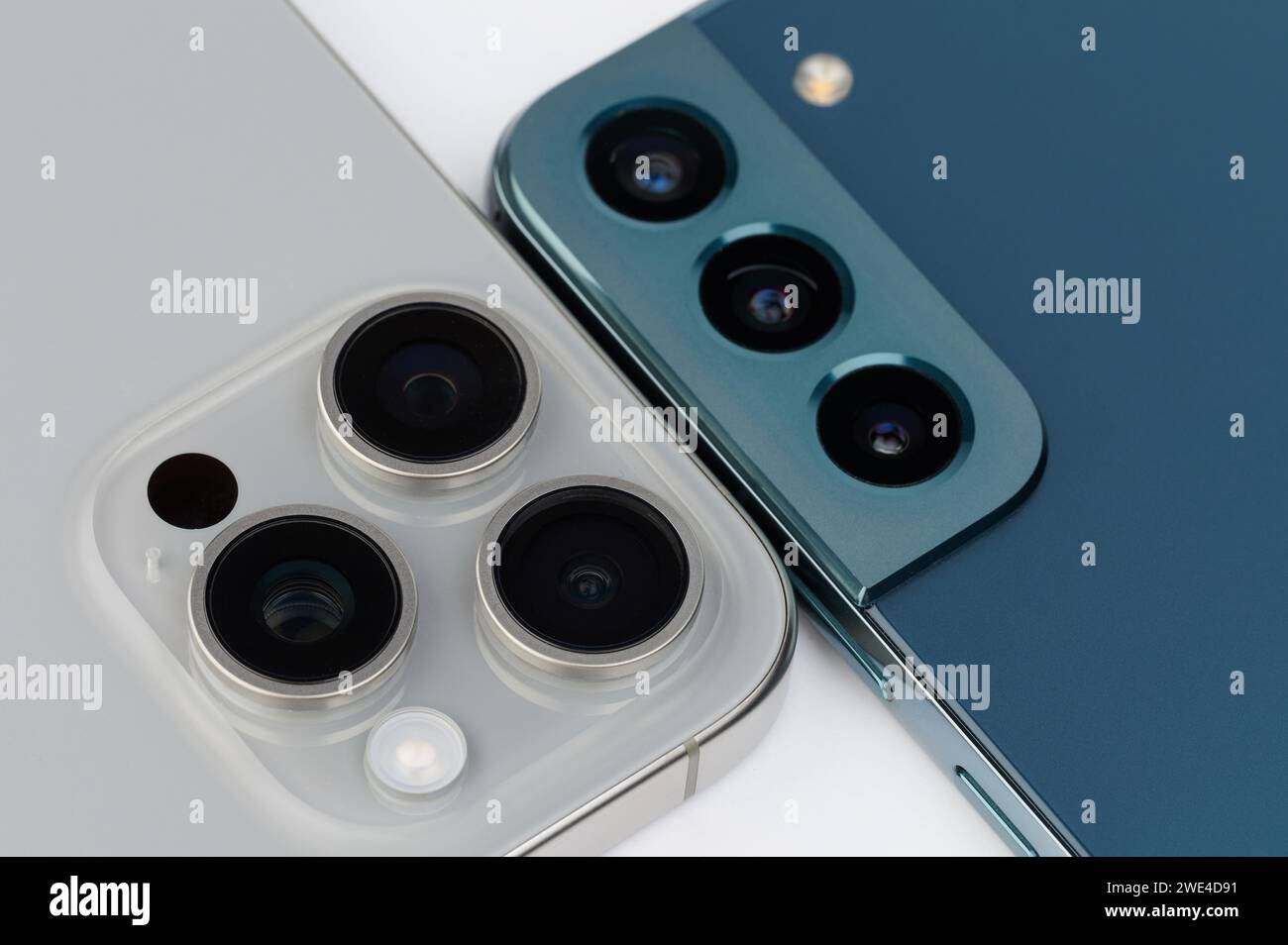 New York, USA - January 20, 2024: Samsung vs iphone smartphone camera comparison close up view Stock Photo