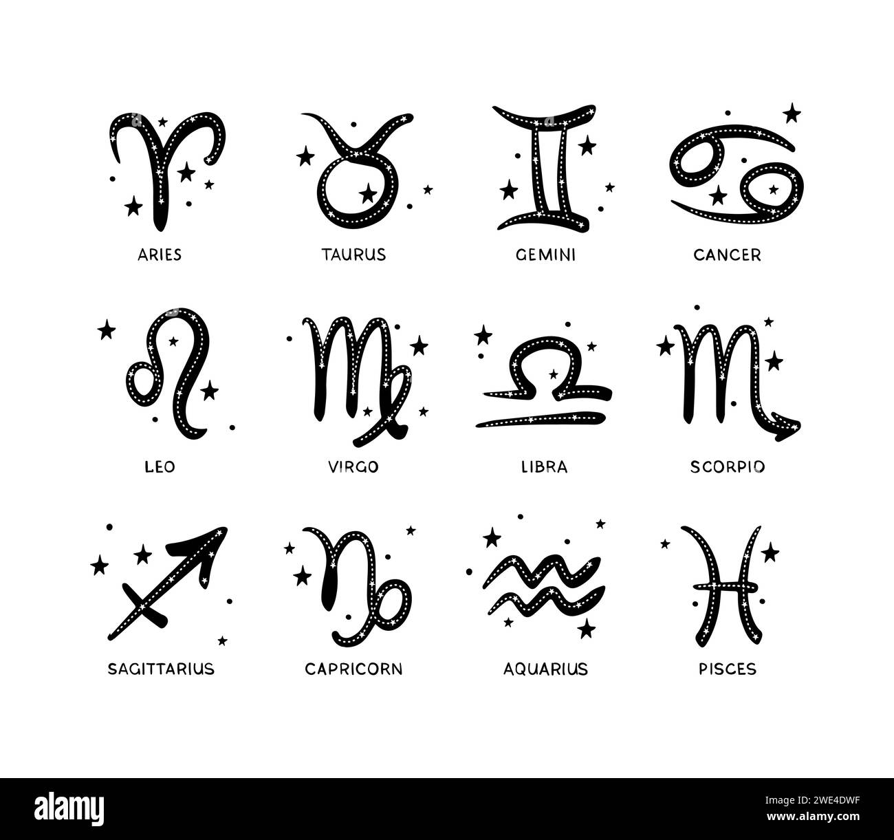 Set of all 12 zodiac signs symbols drawn by brush with stars, vintage ...