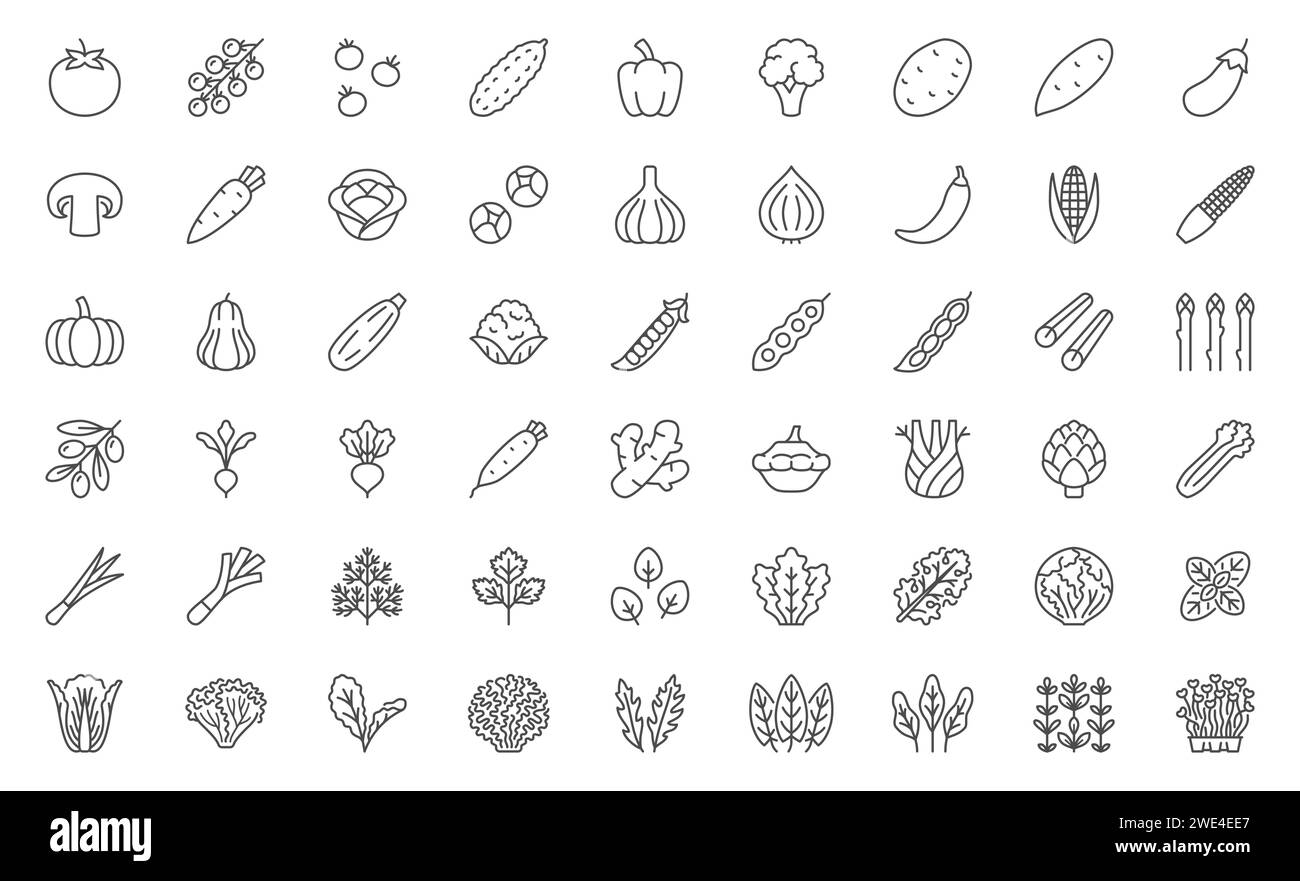 Vegetables line icon set. Tomato, cherry, cucumber, pepper, broccoli ...