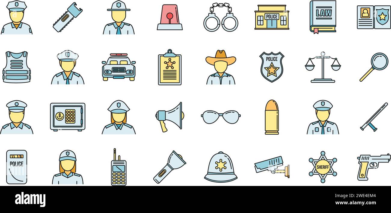 Guard policeman icons set. Outline set of guard policeman vector icons thin line color flat on white Stock Vector