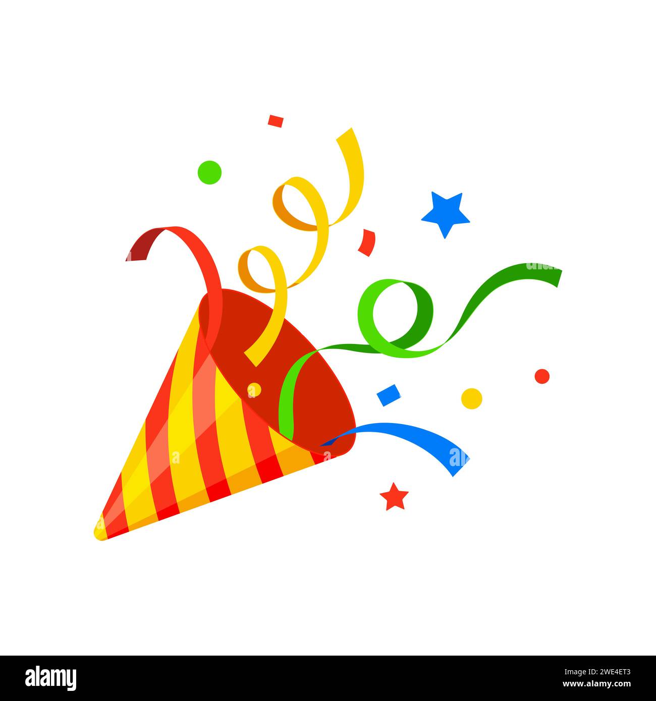 Birthday popper striped cone, holiday party firecracker with confetti and ribbon. Isolated cartoon vector cone-shaped shooter bursts into joyous confetti and stars, adding festive flair to celebration Stock Vector