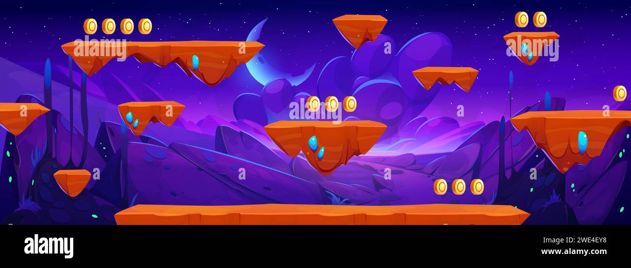 Space adventure game map with floating platforms. Vector cartoon illustration of alien planet rocky landscape, golden coins on level stones, score points, stars and moon glowing in dark night sky Stock Vector