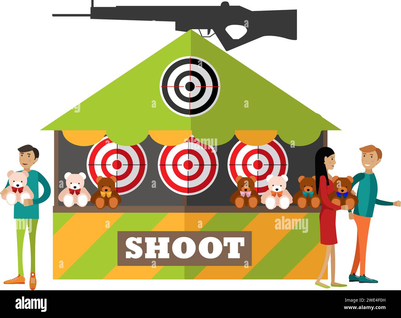 People visiting shooting gallery in amusement park vector icon isolated on white Stock Vector