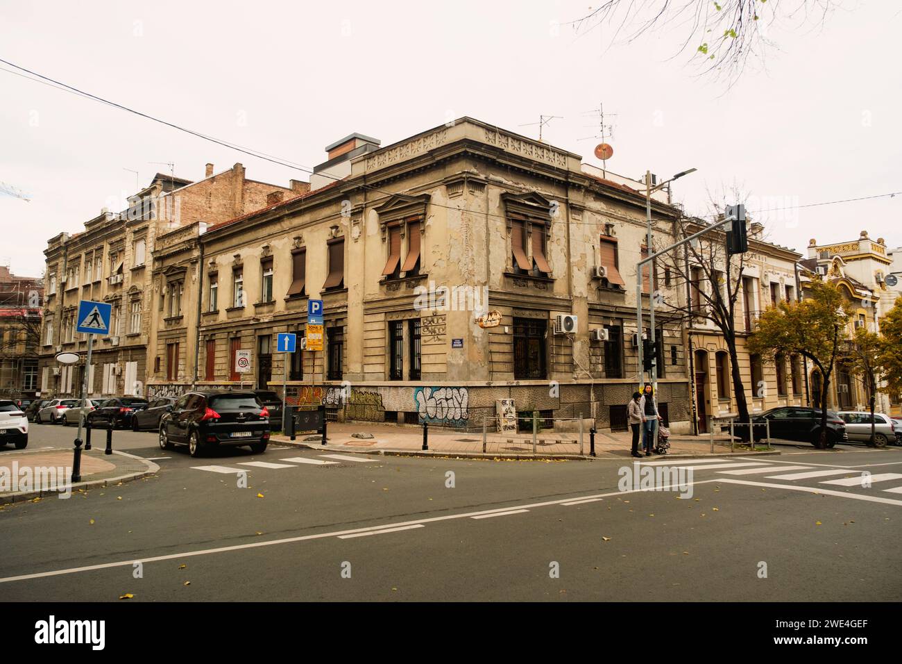 Belgrade, Serbia - December 2, 2023: Daytime street view in the Skadarlija district of Belgrade, Serbia, showcasing a historical building that reflect Stock Photo