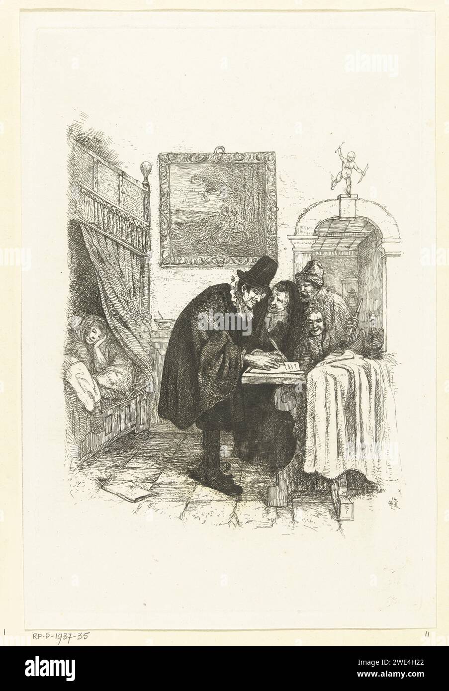Doctor on a home visit to sick wife, Albertus Brondgeest, After Jan Havicksz. Steen, 1796 - 1849 print A doctor writes a recipe standing at a table. An old woman, a man with a cloud spray and a boy watch. The patient, a sick woman, is in bed. In the interior there is a painting on the wall with a pastoral scene. On top of the bar is a small statue of Amor. Netherlands paper etching sick-bed. physician, doctor Stock Photo