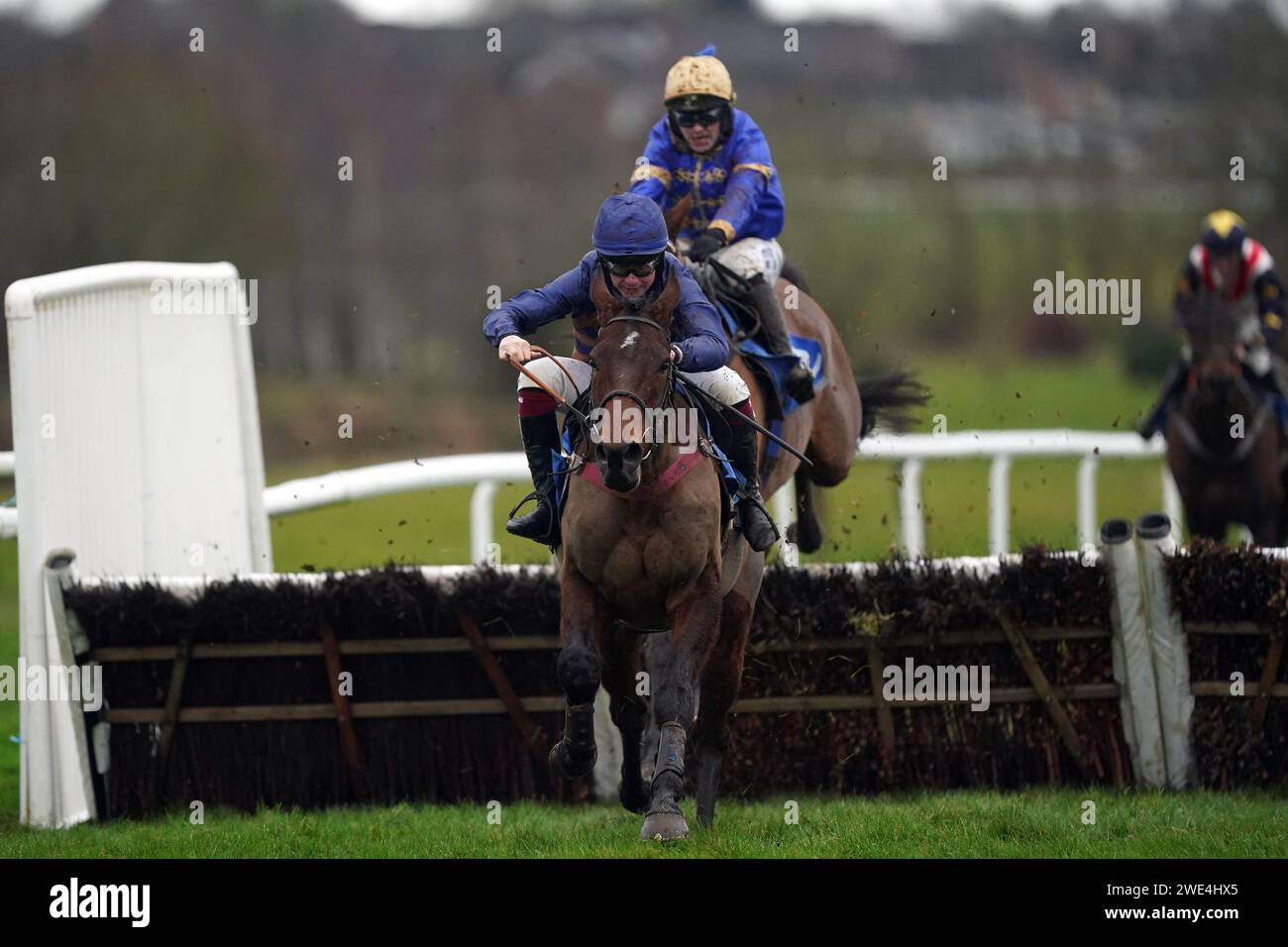 Alcedo ridden by Charlie Deutsch leads eventual winner Mt Fugi Park, ridden by Jonjo O'Neill Jr during the Next Meeting At LeicesterRaces Wednesday 31st January Novices' Hurdle at Leicester Racecourse. Picture date: Tuesday January 23, 2024. Stock Photo