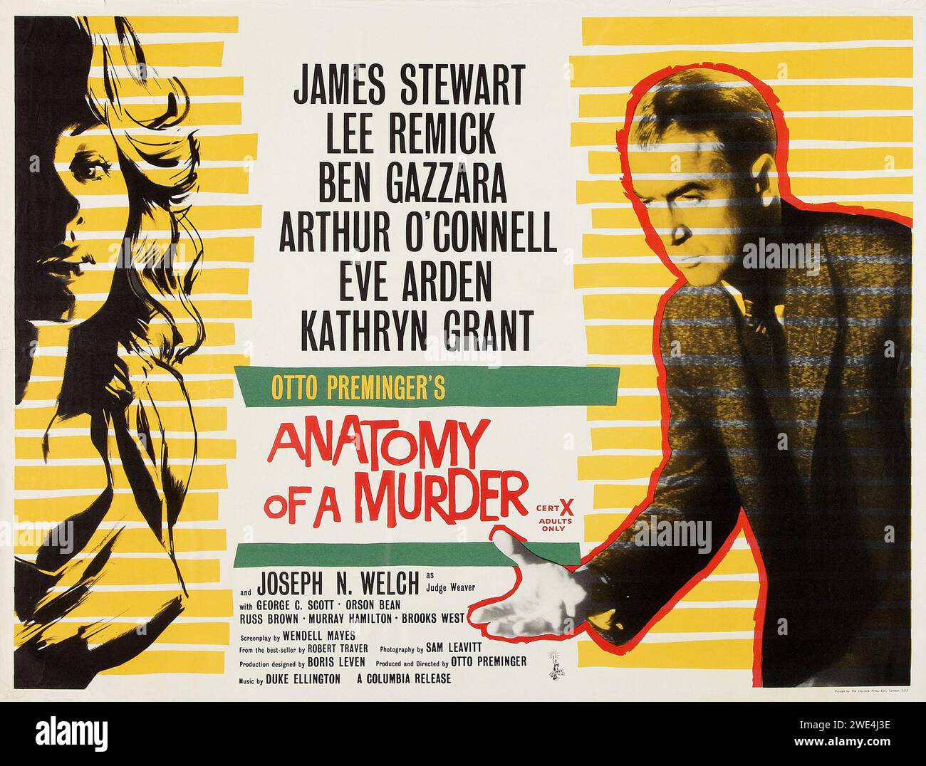 Old film poster for the film Anatomy of a Murder featuring James Stewart and Lee Remick Stock Photo