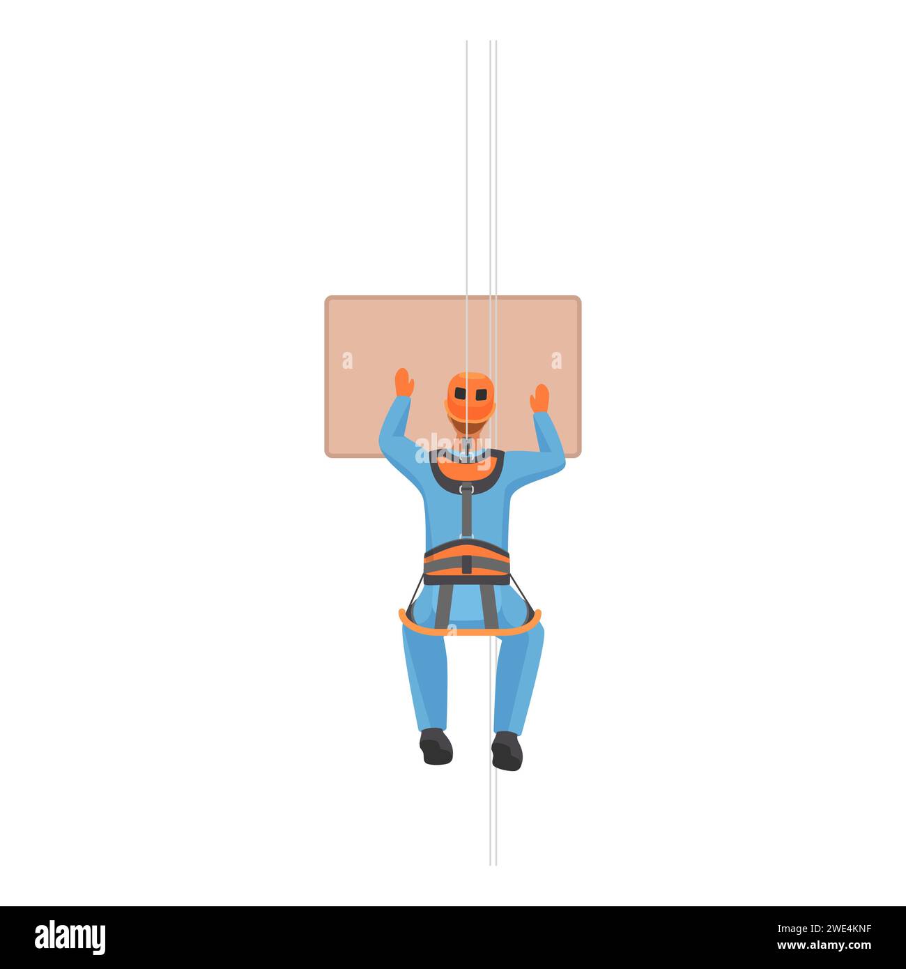 Rope access worker installing city advertising board at height vector