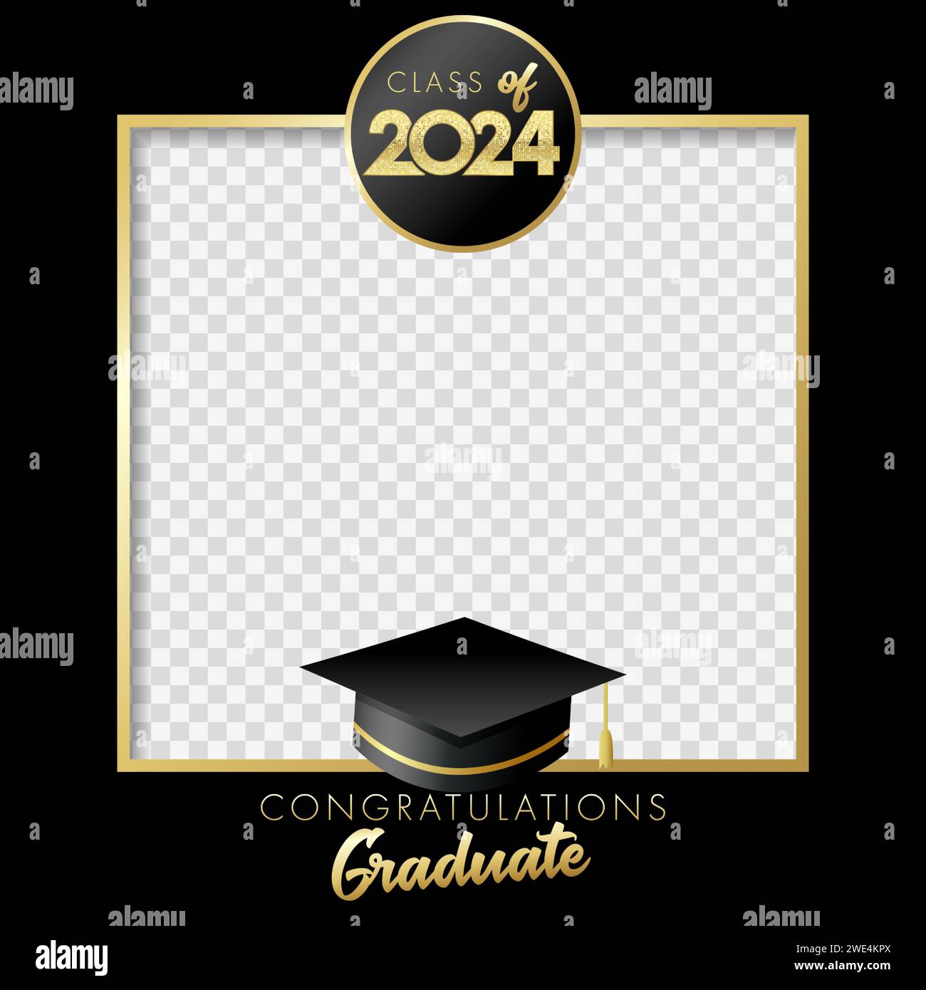 Class of 2024 Graduation party photo frame for booth. 2024 congratulation graduate design with text and academic hat. Vector illustration Stock Vector