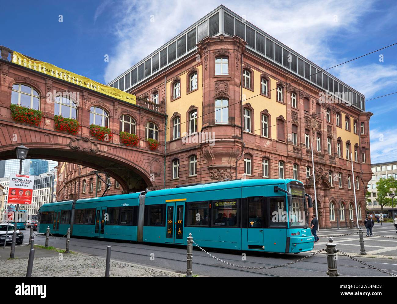 Bright city tram in the center of Frankfurt, Germany Stock Photo